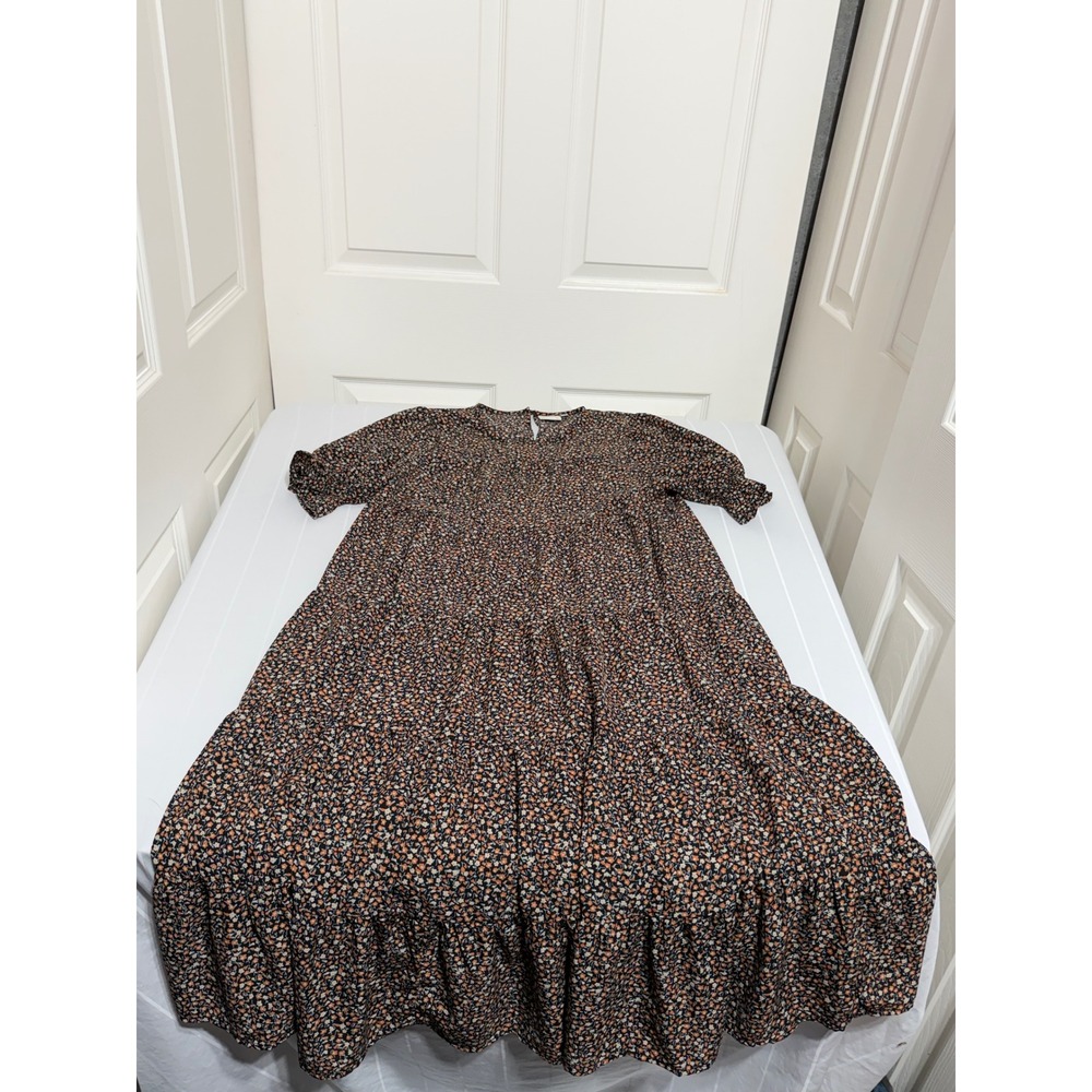 Love Olive & Co Womens Ditsy Floral Tiered Babydoll Midi Dress Black Orange Med
